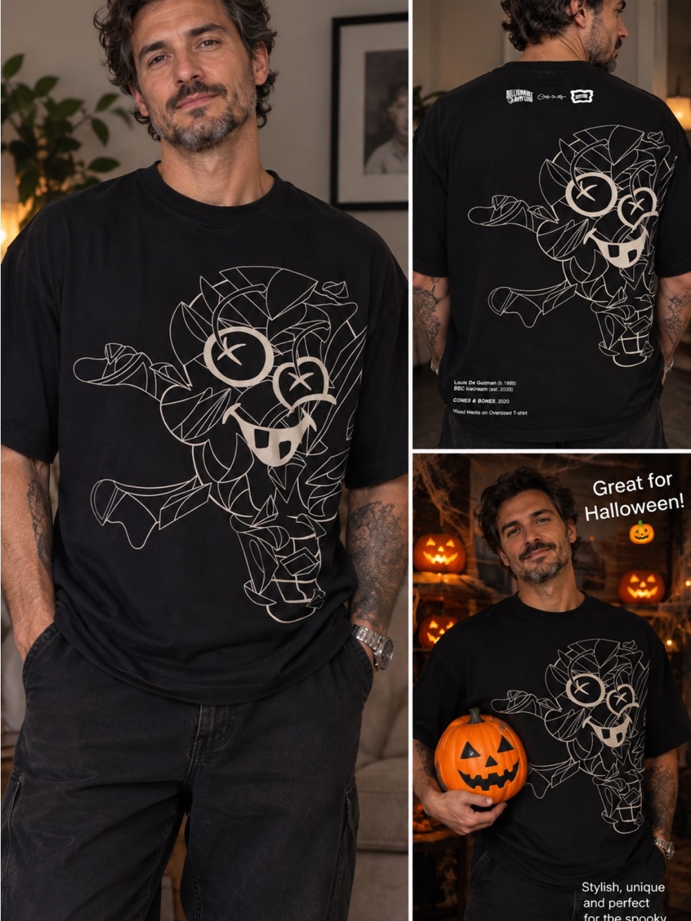 Men's Black Graphic Halloween Tee Billionaire Boys Club BBC site S Oversized